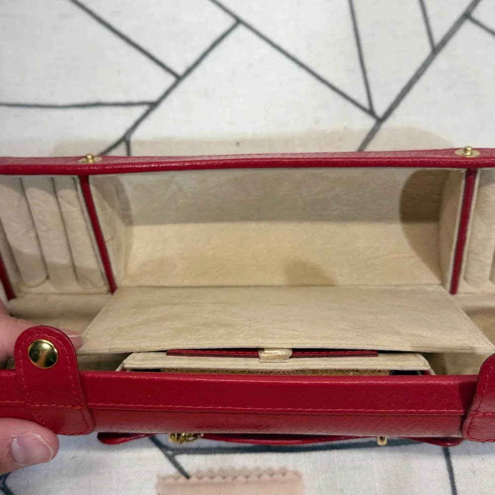 Rowallan Jewelry Roll OS Red Bonded Leather Travel Case Organizer Mirror READ